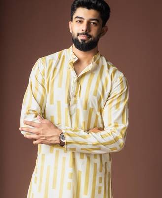 Yellow color blended linen weaved kurta for festive 5