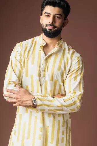 Yellow color blended linen weaved kurta for festive