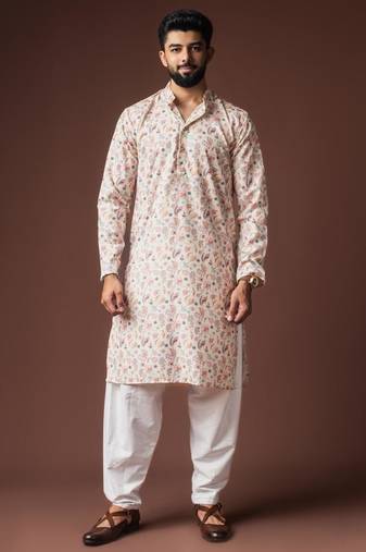 White color blended linen weaved kurta for mehandi