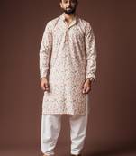 White color blended linen weaved kurta for mehandi