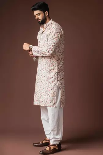 White color blended linen weaved kurta for mehandi