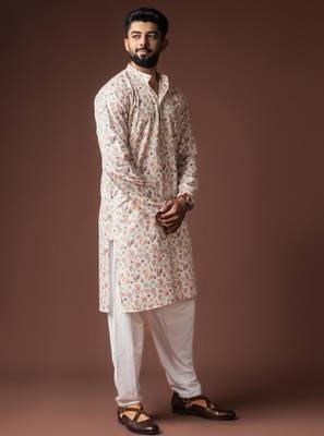 White color blended linen weaved kurta for mehandi 3