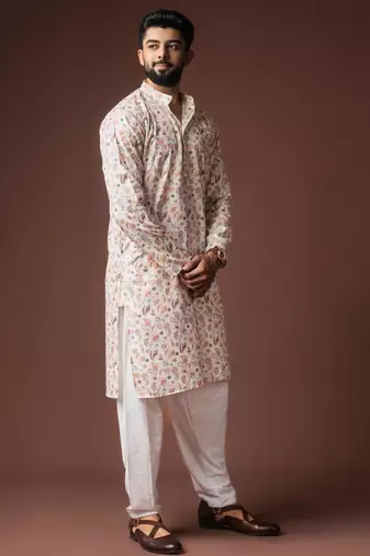 White color blended linen weaved kurta for mehandi