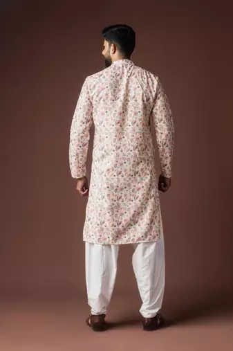 White color blended linen weaved kurta for mehandi