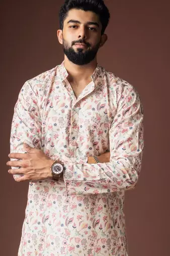 White color blended linen weaved kurta for mehandi