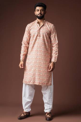 Peach color blended linen weaved kurta for festive