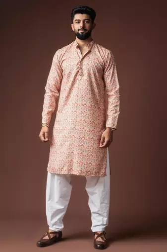 Peach color blended linen weaved kurta for festive