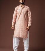 Peach color blended linen weaved kurta for festive