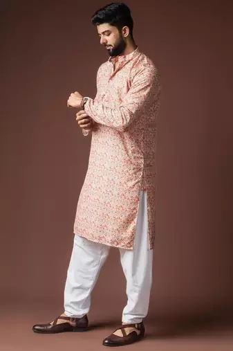 Peach color blended linen weaved kurta for festive