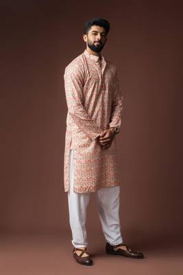 Peach color blended linen weaved kurta for festive 3