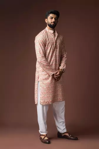Peach color blended linen weaved kurta for festive