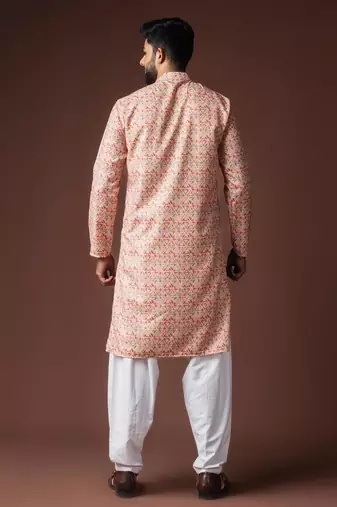 Peach color blended linen weaved kurta for festive