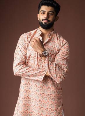 Peach color blended linen weaved kurta for festive 5