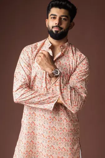 Peach color blended linen weaved kurta for festive