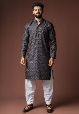 Black color blended linen weaved kurta for festive 1
