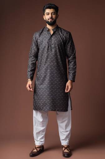 Black color blended linen weaved kurta for festive