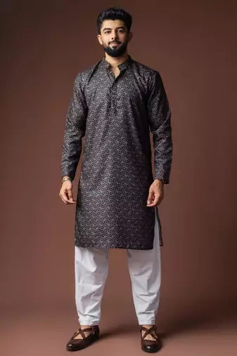 Black color blended linen weaved kurta for festive