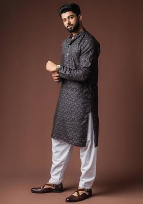 Black color blended linen weaved kurta for festive 2