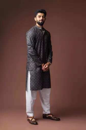 Black color blended linen weaved kurta for festive