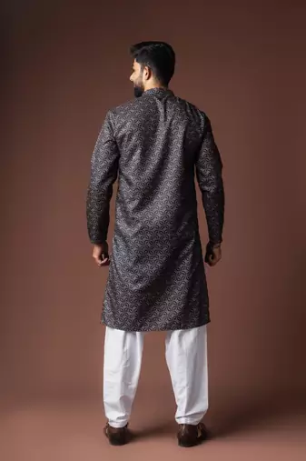 Black color blended linen weaved kurta for festive
