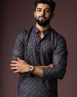Black color blended linen weaved kurta for festive 5