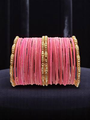 Set of 28 gold, pink velvet with metal bangle set 1