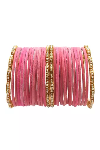 Set of 28 gold, pink velvet with metal bangle set