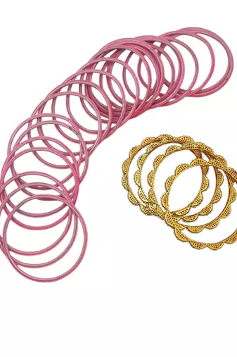 Set of 28 gold, pink velvet with metal bangle set