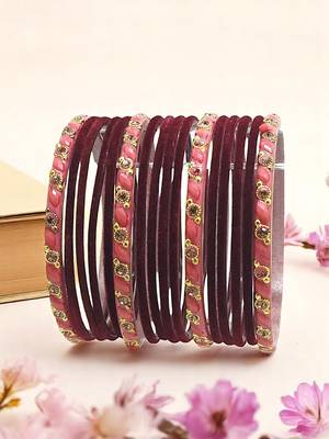 Set of 16 maroon & peach velvet bangle set 1