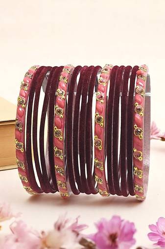 Set of 16 maroon & peach velvet bangle set