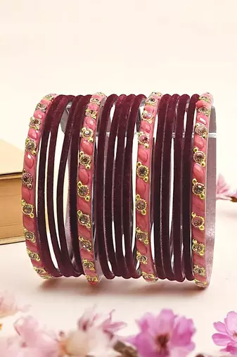 Set of 16 maroon & peach velvet bangle set