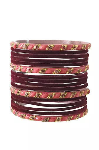 Set of 16 maroon & peach velvet bangle set
