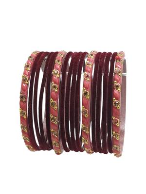 Set of 16 maroon & peach velvet bangle set 3