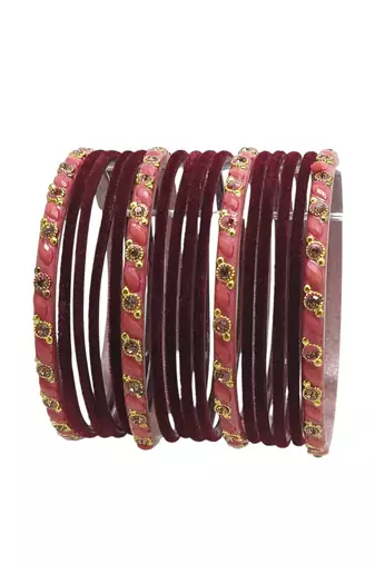Set of 16 maroon & peach velvet bangle set