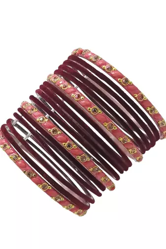 Set of 16 maroon & peach velvet bangle set