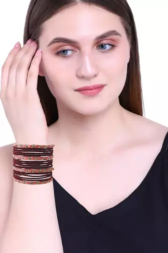 Set of 16 maroon & peach velvet bangle set