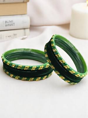 Set of 10 green color velvet bangle set 1