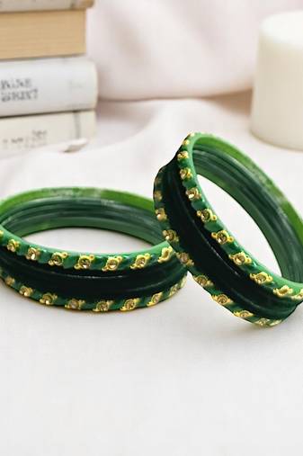 Set of 10 green color velvet bangle set