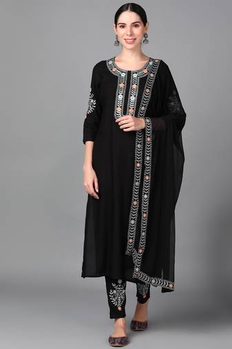 Elegant black embroidered kurta set with dupatta
