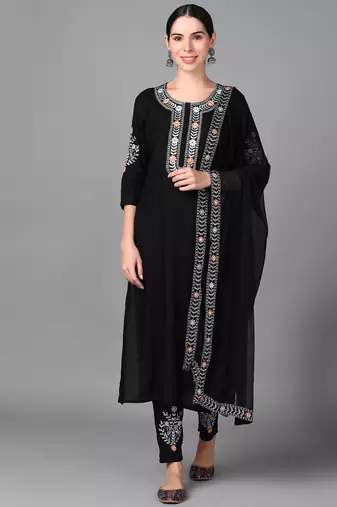 Elegant black embroidered kurta set with dupatta