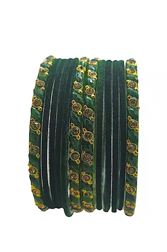 Set of 10 green color velvet bangle set