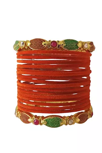 Set of 18 orange and gold plated velvet bangle set