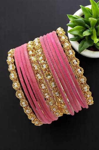 Set of 12 pink and gold plated velvet bangle set
