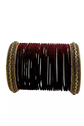 Set of 26 maroon and gold plated velvet bangle set