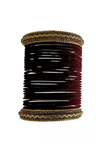 Set of 26 maroon and gold plated velvet bangle set