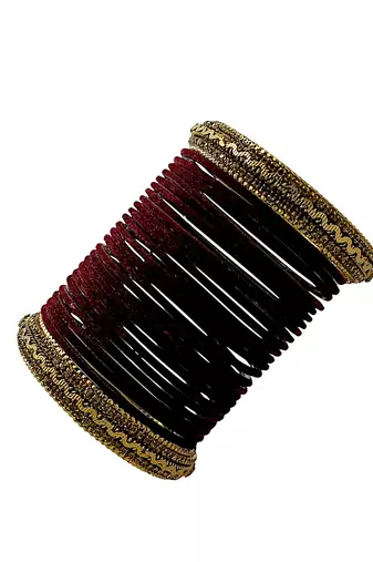 Set of 26 maroon and gold plated velvet bangle set