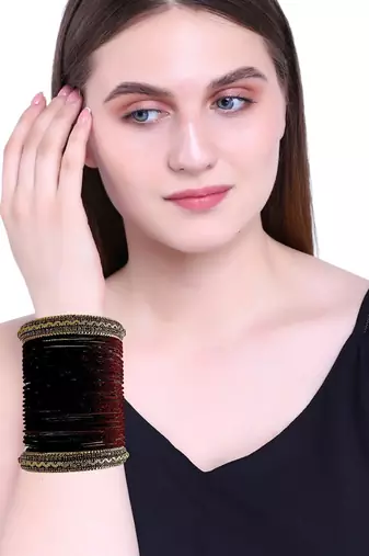Set of 26 maroon and gold plated velvet bangle set