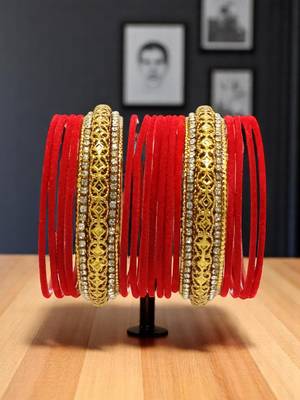 Set of 16 red and gold plated velvet bangle set 1