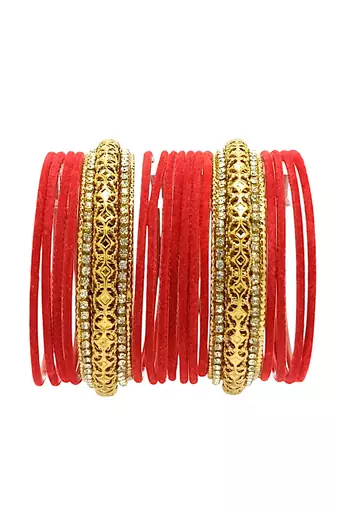 Set of 16 red and gold plated velvet bangle set