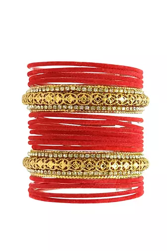 Set of 16 red and gold plated velvet bangle set